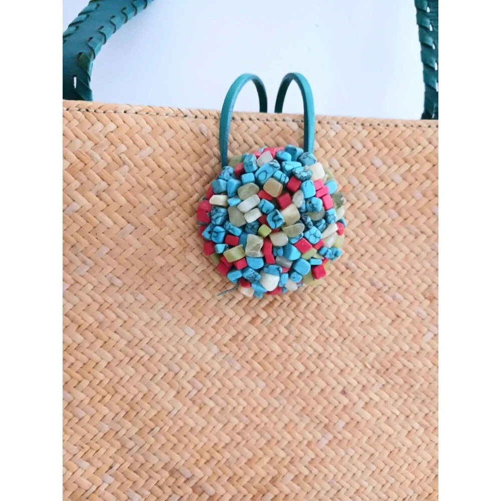 The Sak Rattan Shoulder Tote Turquoise Leather Straps Multi Stone Toggle Button